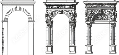 Collection of black and white line art vector illustrations showing three classical roman architectural arches with varying detail