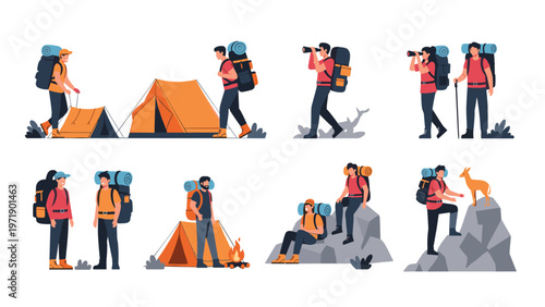 Large set of people engaged in outdoor activities like hiking walking with backpacks camping in tents and observing nature on white background.