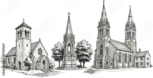Detailed black and white hand drawn sketch illustration of historic european gothic churches cathedrals and stone monuments
