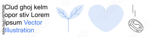 Finance, nature, health, love, ecology economy. Coin leaf heart with text elements. Finance and nature concept. Line metaphor. Simple line icons