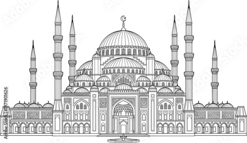 Detailed black and white line art vector illustration of a grand islamic mosque with domes and tall minarets