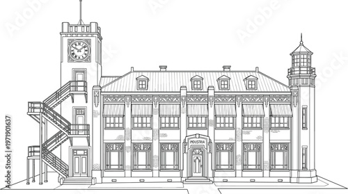 Detailed black and white line art vector illustration of an old industrial building facade with a clock tower