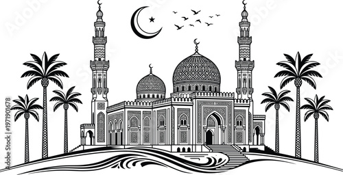 Detailed black and white vector line art illustration of a grand islamic mosque with palm trees and moon