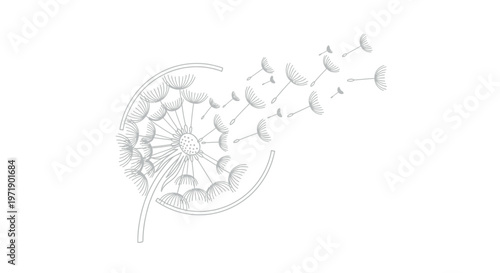 Minimalist line art dandelion with seeds blowing away