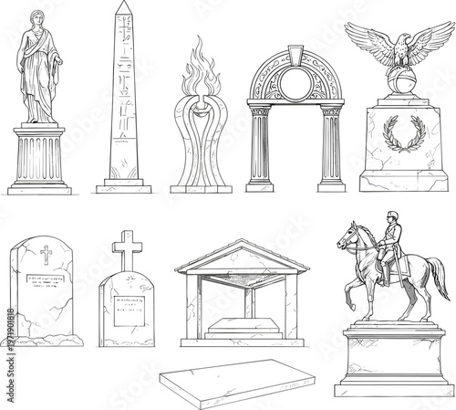 Large collection of monument and memorial hand drawn sketches including statues obelisk gravestones eagle sculpture and classic architectural pillars