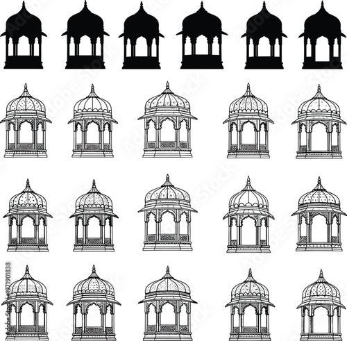 Large collection of Indian chhatri pavilion icons including black silhouettes and detailed hand drawn sketches for traditional architectural design