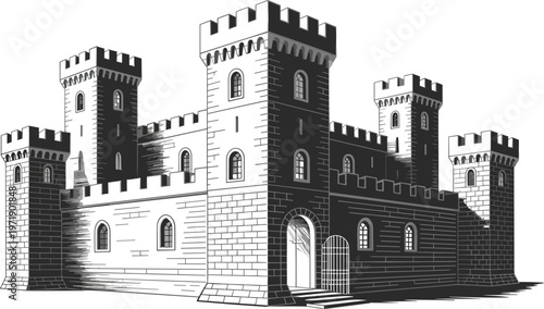 Medieval Castle Fortress Vector Illustration Featuring Stone Turrets Battlements Arched Windows And High Towers Isolated On White Background.