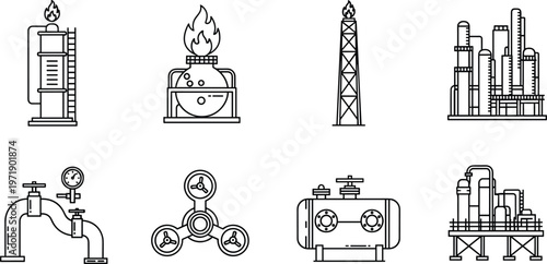 Oil and Gas Industrial Icon Set Featuring Refinery Plant Pipelines Storage Tanks Valves And Gas Flare Vector Illustrations.