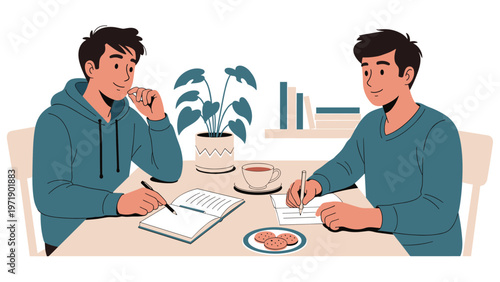 Two young male students sitting at a table together studying and writing in their notebooks with coffee and cookies in a home environment.
