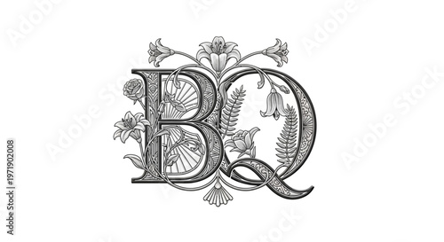 Ornate floral BQ monogram vintage engraved black and white design