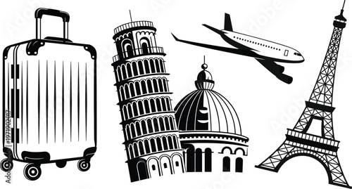 Travel and Tourism Vector Illustration Featuring Suitcase Airplane Eiffel Tower Leaning Tower Of Pisa And European Landmarks Silhouette.