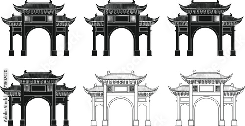 Traditional Chinese Paifang Gate Silhouette Collection Featuring Oriental Arch Architecture Decorative Roof Details And Asian Cultural Heritage Vector Illustrations.