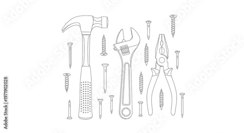 Outline drawing of various construction hand tools and fasteners