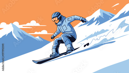 Illustration of a skilled snowboarder sliding down a steep snowy mountain slope during a bright winter day in the outdoors.