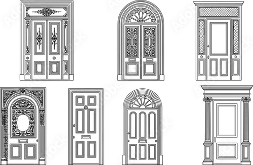 Billede på lærred Vintage Architectural Door Icon Set Featuring Ornate Victorian Entrances Classical Arches Decorative Wood Panels And Corinthian Column Frames