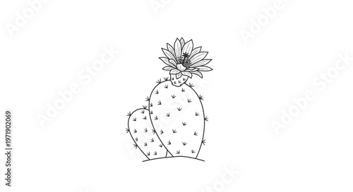 Prickly pear cactus with blooming flower line art