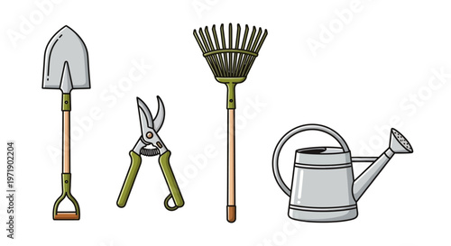 Set of essential gardening tools on white background
