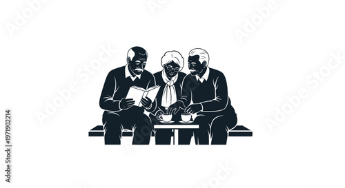 Senior friends reading and drinking coffee at a table