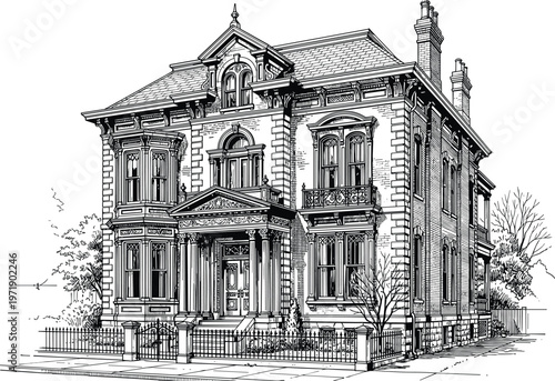 Fotografía Vintage Victorian Mansion Vector Illustration Featuring Ornate Architectural Details Classical Facade Stone Walls And Iron Fence Garden Scene