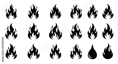 Set of black flame icons arranged in a grid with a single water drop icon.