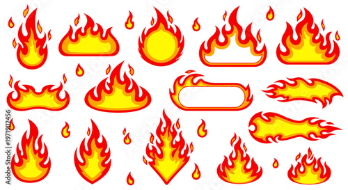 Collection of fiery flame icons and flame graphics for design projects.