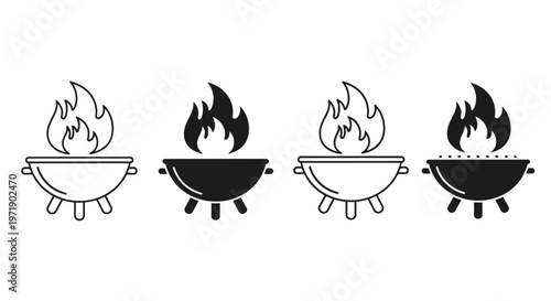 Four Barbecue Grills with Flames in a Row, Outdoor Cooking Scene.