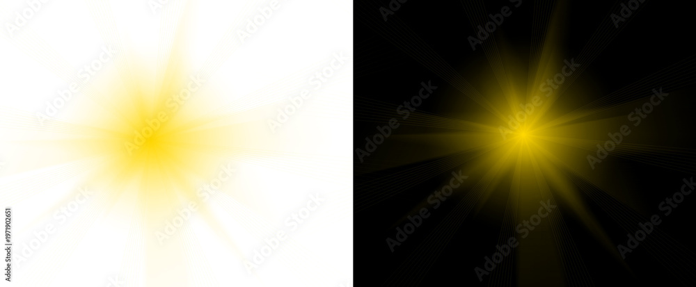 Obraz premium Abstract bright yellow sunburst light rays with glowing lens flare effect on dark background, futuristic energy explosion vector illustration design
