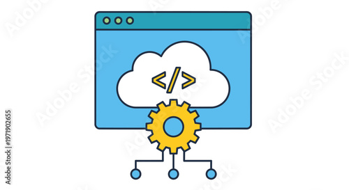 Cloud computing and software development concept with coding brackets and gear icon.