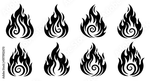 Set of stylized flame icons arranged in a grid for graphic design projects.