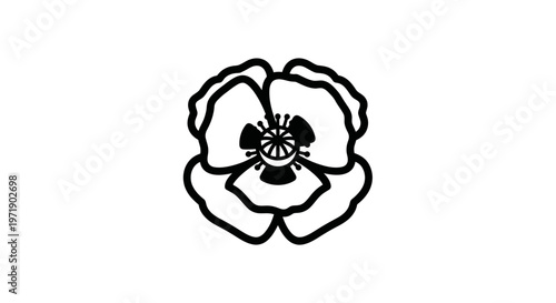 Stylized black outline flower design on white with horizontal bars