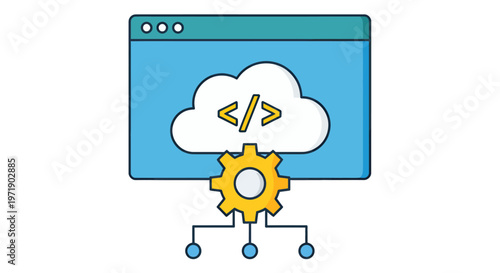 Illustration of cloud computing with code symbols and gears representing technology.