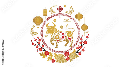 Ornate golden ox emblem is surrounded by traditional Chinese New Year decorations including lanterns flowers and butterflies.