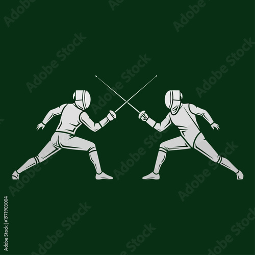 Two fencers dueling with foils in a flat illustration style