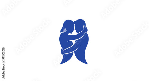 Two men embracing blue silhouette minimalist icon illustration