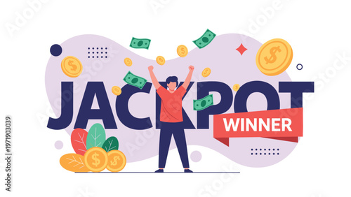 Excited man celebrates winning a massive jackpot as gold coins and dollar bills float around him in a joyful celebration.