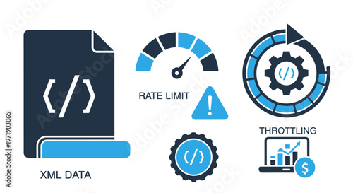 Technology and code icons representing XML data, software development, and digital interfaces.