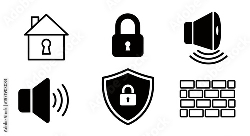 Collection of security and privacy icons illustrating locks, speakers, shields, and digital interfaces.