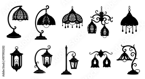 A set of 10 original black icons depicting different styles of lamps, including table lamps, hanging lamps, floor lamps, and lanterns.