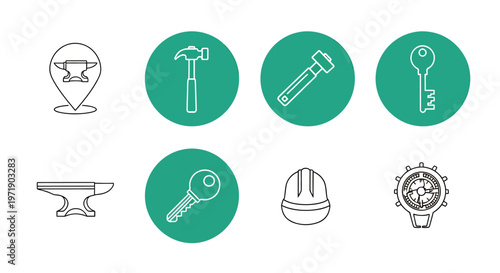 Assorted industrial and scientific icons representing tools, lab concepts, and engineering design elements.