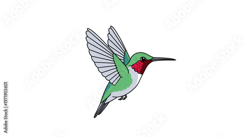 Vibrant hummingbird with green feathers and a bright red throat is captured in mid flight on a plain white background.