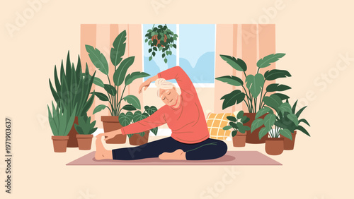 Senior woman practices yoga and gentle stretching on a mat in a bright home living room filled with many green houseplants.