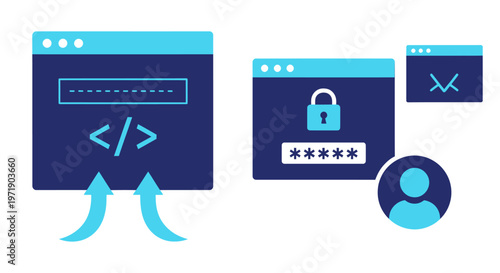 Illustration of cybersecurity elements featuring browser windows, a padlock, and a user profile representing secure login and data protection.
