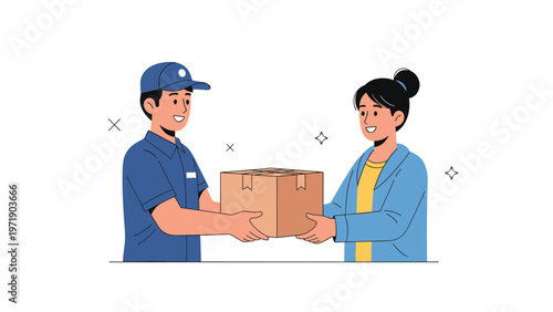 Professional delivery man hands over a cardboard parcel to a happy female customer at her home doorstep in a modern city.