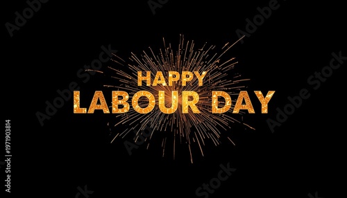 Golden Happy Labour Day text with fireworks burst on black background celebrating workers and holiday