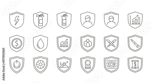 Set of shield icons illustrating security, protection, finance and badges.