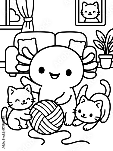 Cute Axolotl and Kitten Playtime: A heartwarming black and white illustration depicts a cheerful axolotl and two adorable kittens engaged in playful fun with a ball of yarn.