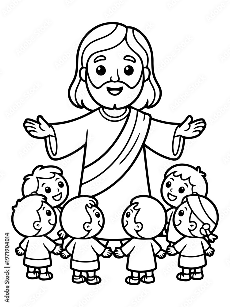 Fototapeta premium A Divine Gathering: A sacred portrayal of the divine figure surrounded by children, symbolizing compassion, protection, and love, a heartwarming scene that evokes faith and unity.