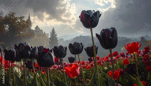 A field of vibrant tulips under a dramatic cloudy sky