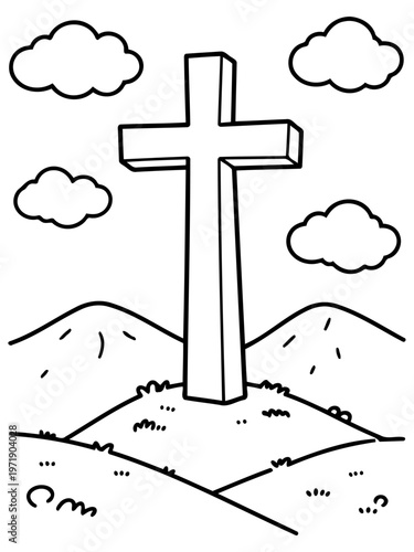 Sacred Symbol: A reverent depiction of a simple cross atop a gentle hill, under a serene sky, capturing the essence of faith and spirituality.