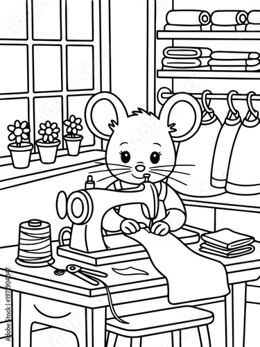 Mice with Sewing Machine: A charming mouse intently focused on her sewing work in a cozy atelier, using a vintage machine to create something new.